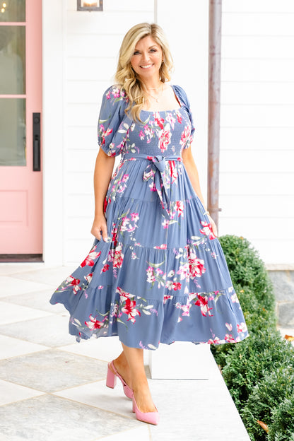 Floral Print Short Sleeve Square Neck Maxi Dress