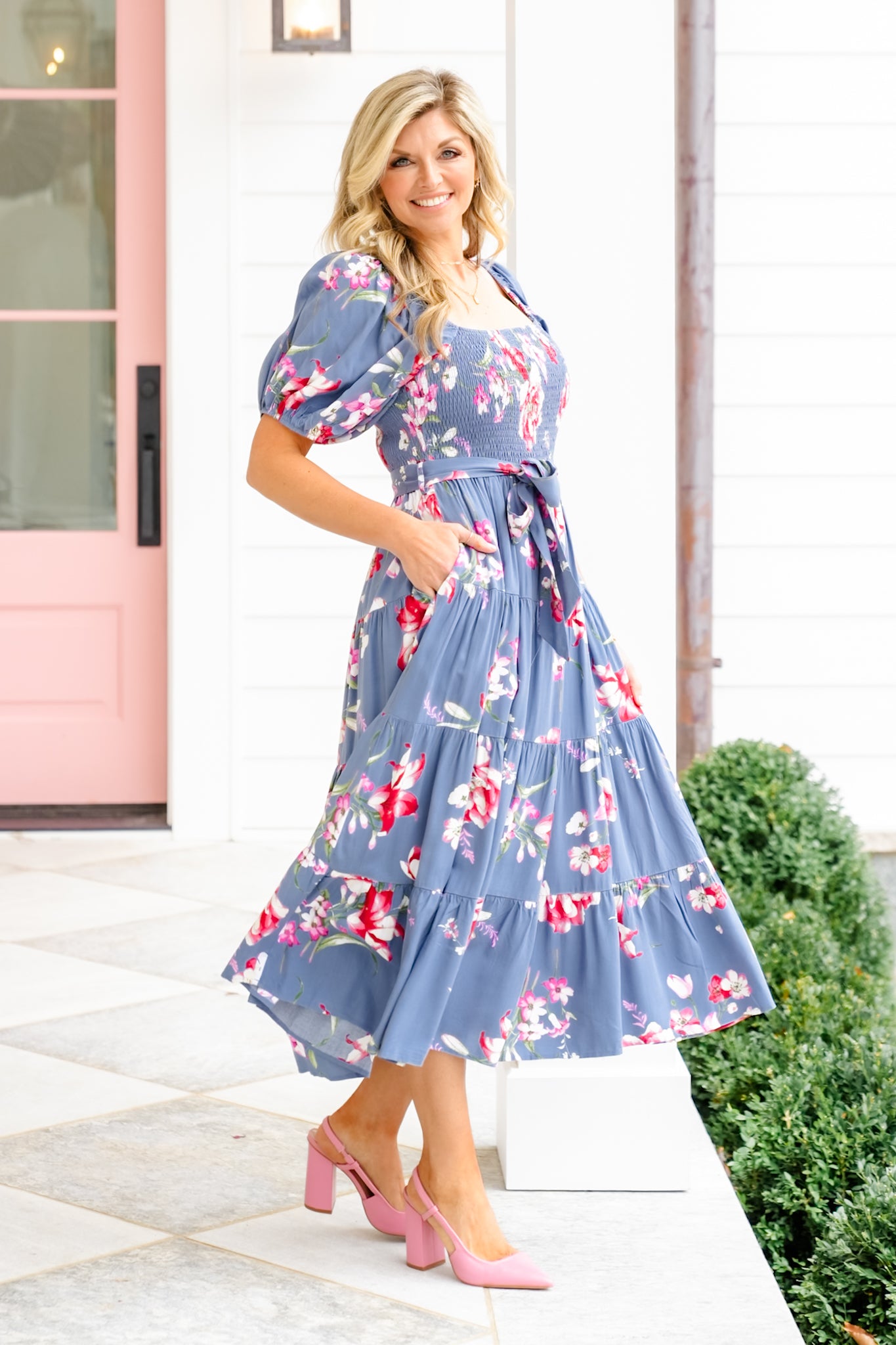 Floral Print Short Sleeve Square Neck Maxi Dress M