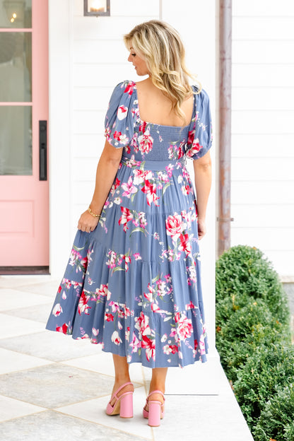 Floral Print Short Sleeve Square Neck Maxi Dress