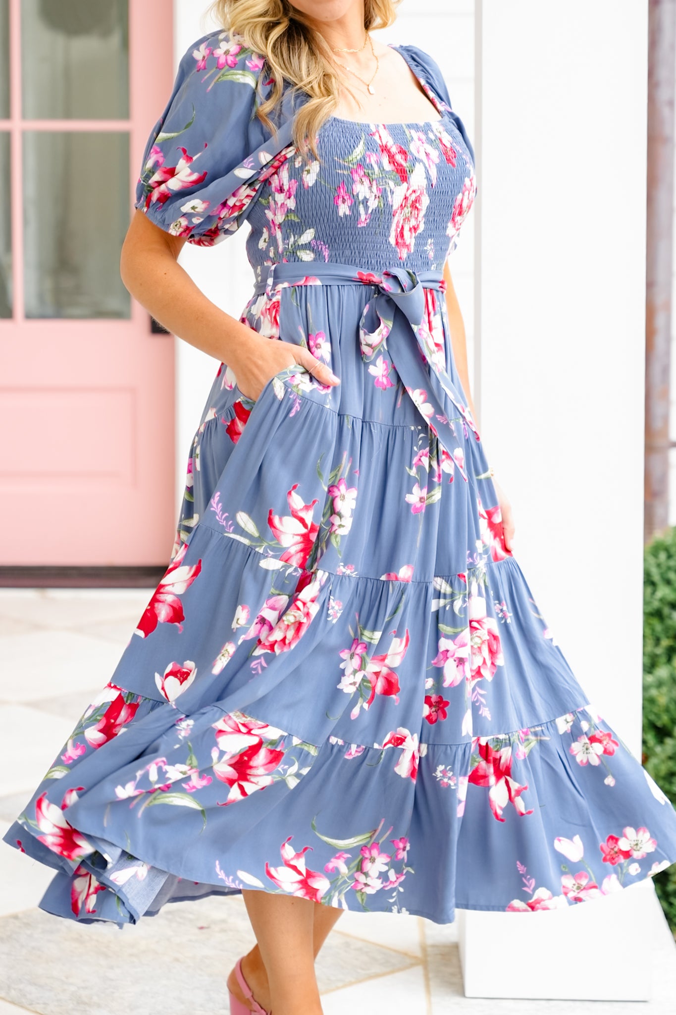 Floral Print Short Sleeve Square Neck Maxi Dress