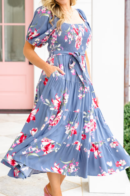 Floral Print Short Sleeve Square Neck Maxi Dress