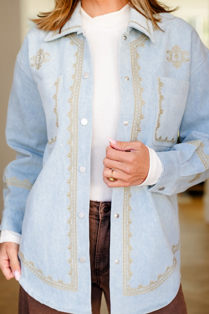 Plus/Reg Embroidered Long Sleeve Button Down Shacket