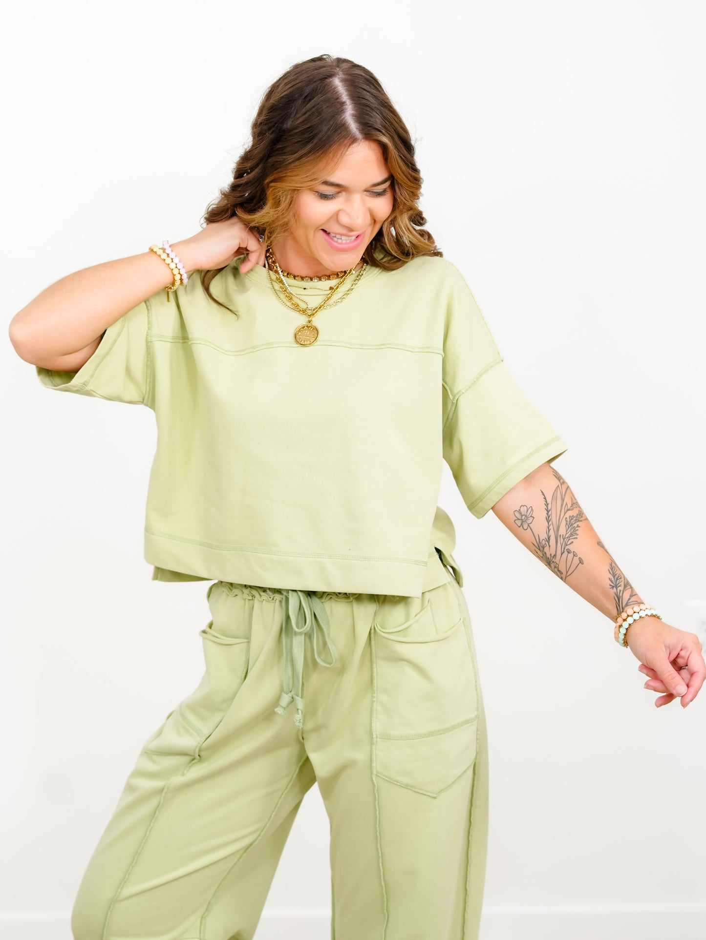Knit Short Sleeve Crop Top and Pants Set