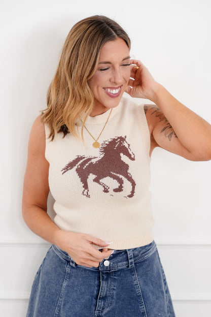 Knit Sleeveless Round Neck "Horse" Sweater Vest