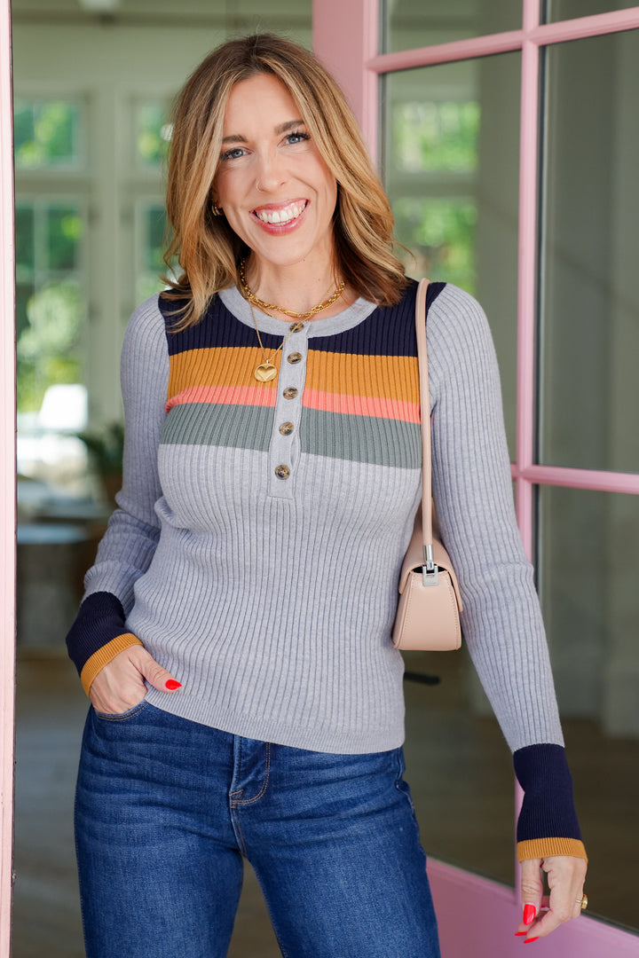 Ribbed Color Block Long Sleeve Button Up Sweater