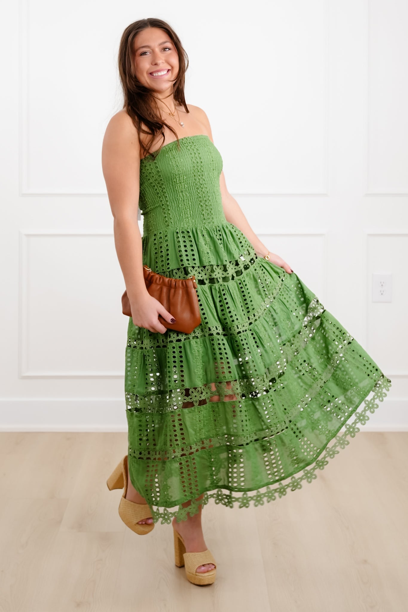 Green Eyelet Strapless Midi Dress with Lace