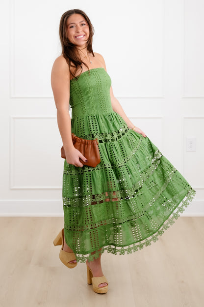 Green Eyelet Strapless Midi Dress with Lace