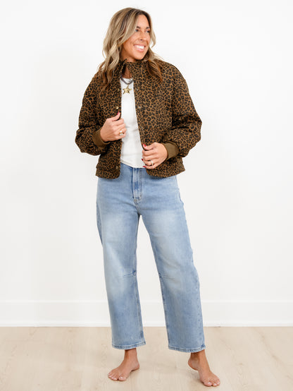 Plus/Reg Leopard Print Quilted Button Down Collared Jacket