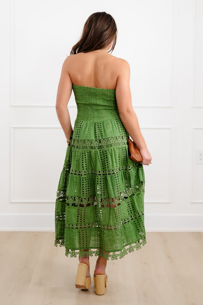 Green Eyelet Strapless Midi Dress with Lace