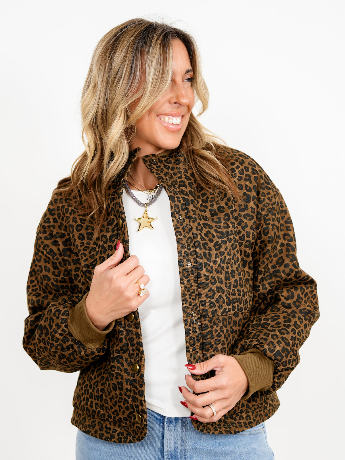 Plus/Reg Leopard Print Quilted Button Down Collared Jacket