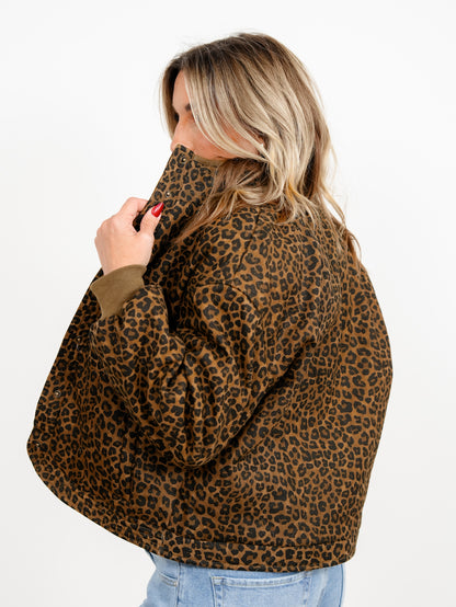 Plus/Reg Leopard Print Quilted Button Down Collared Jacket