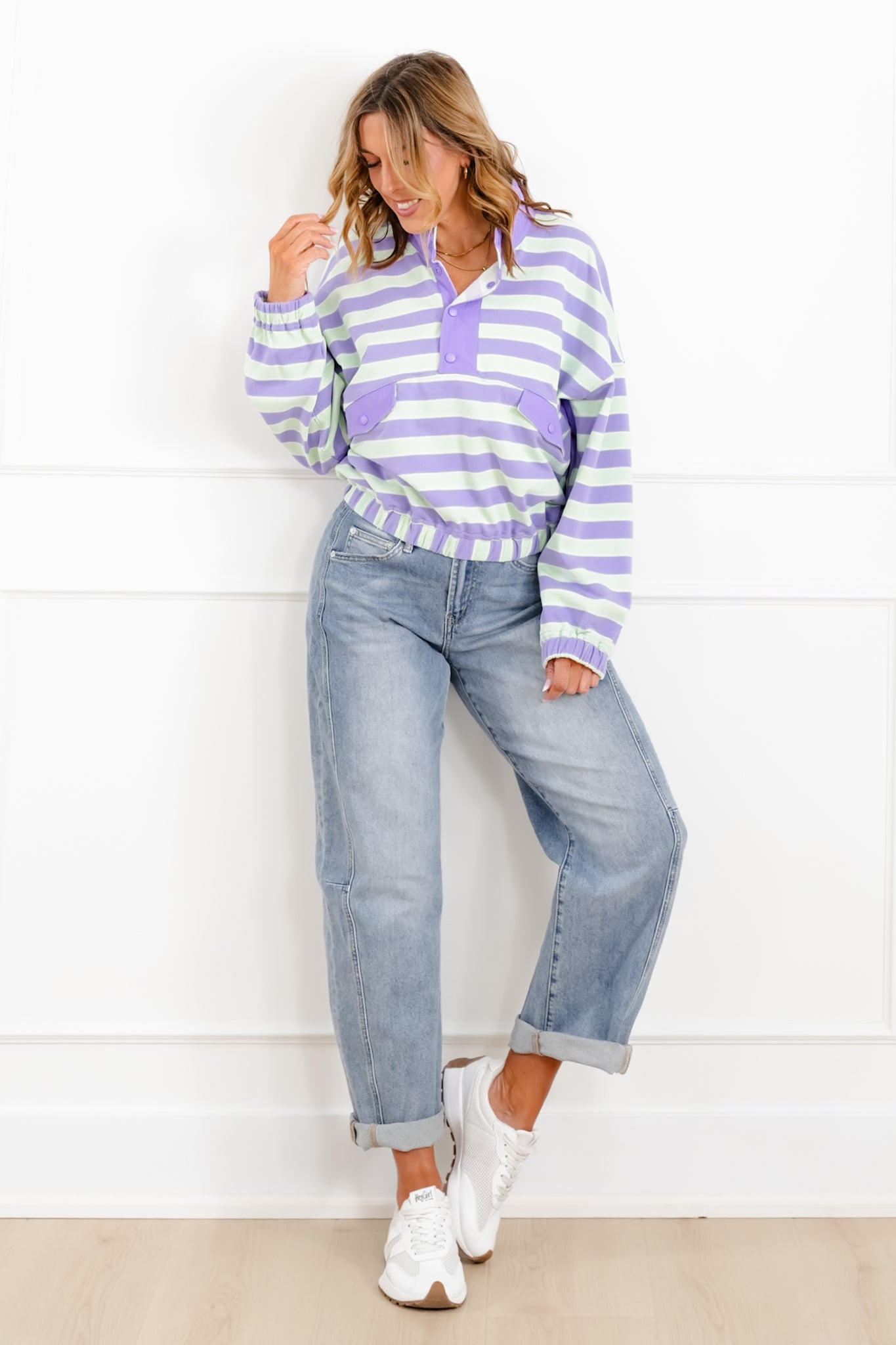 Stripe Long Sleeve 1/2 Snap Top with Elastic Hem