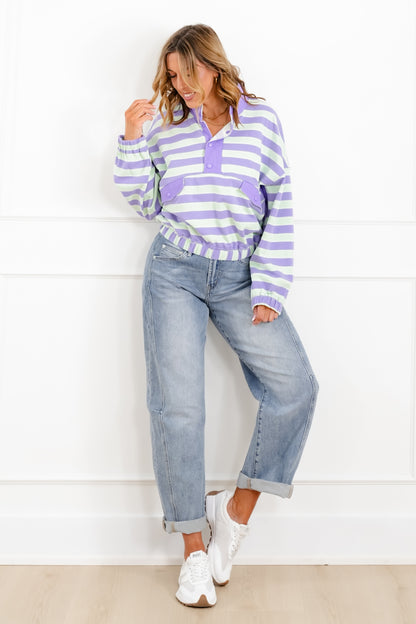 Stripe Long Sleeve 1/2 Snap Top with Elastic Hem