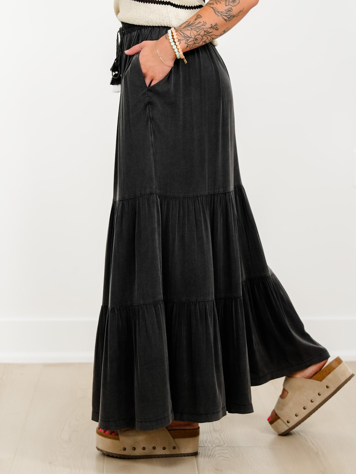 Plus/Reg Washed Boho Elastic Waist Palazzo Pants With Tassle Drawstring