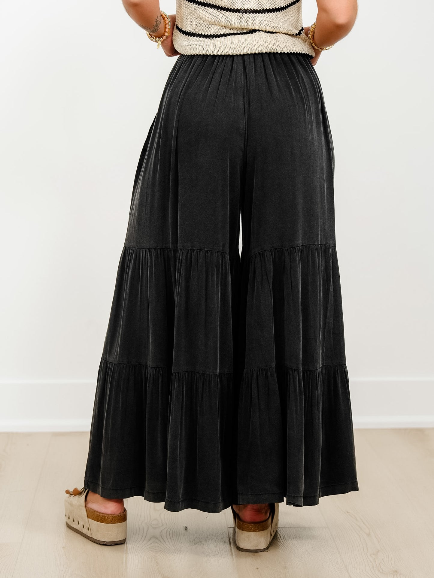 Plus/Reg Washed Boho Elastic Waist Palazzo Pants With Tassle Drawstring