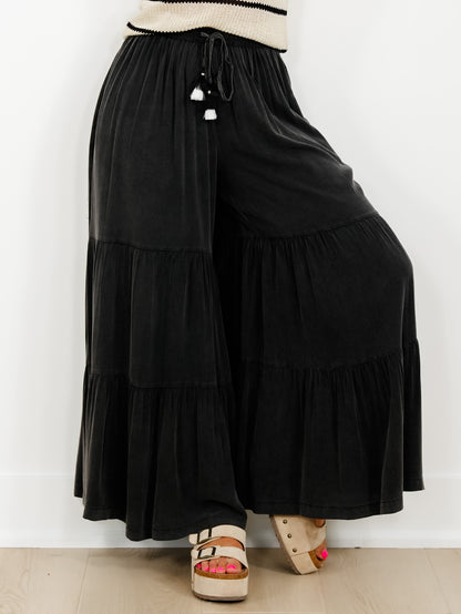 Plus/Reg Washed Boho Elastic Waist Palazzo Pants With Tassle Drawstring