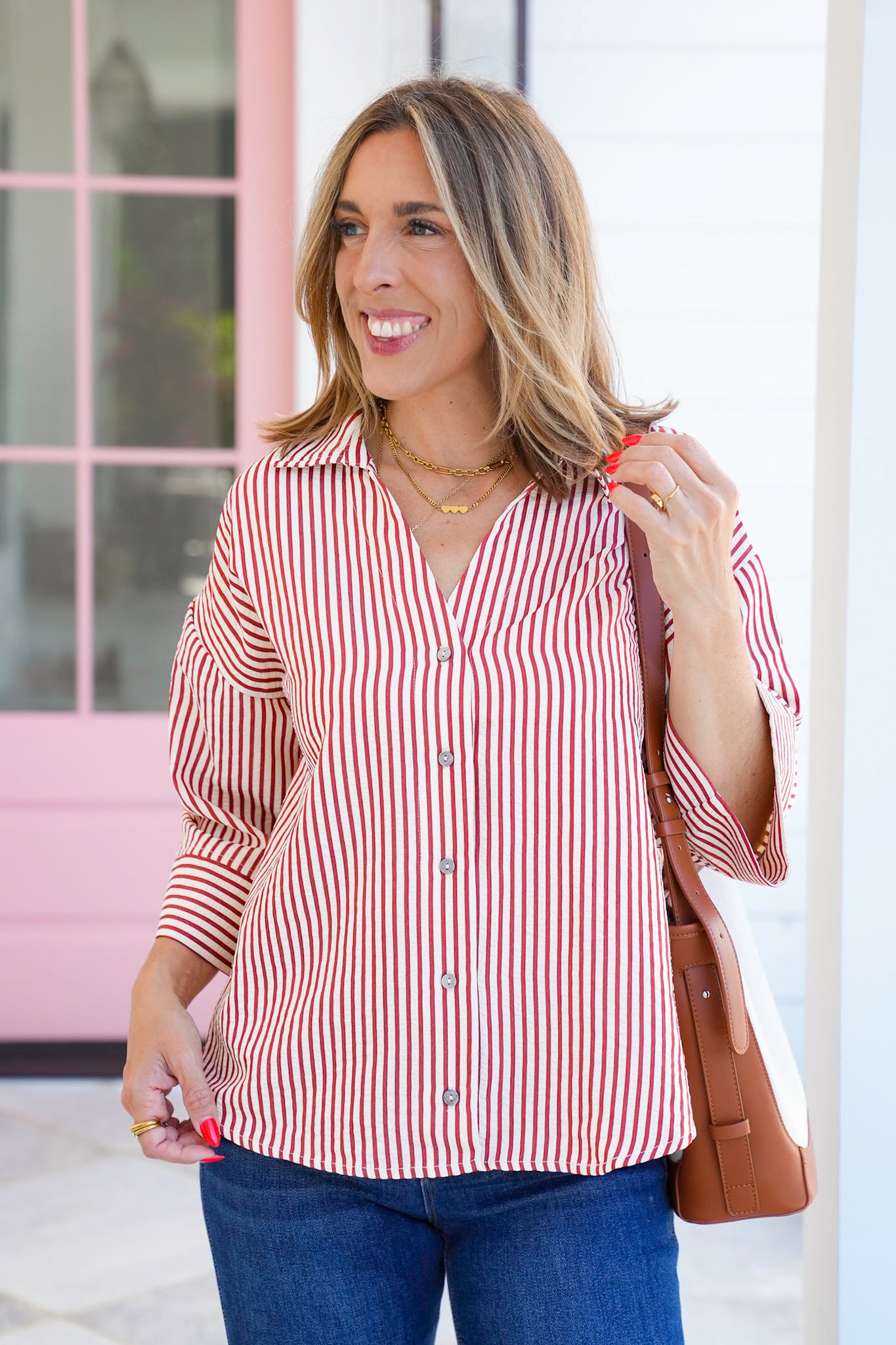 Stripe 3/4 Sleeve Button Down Woven Top