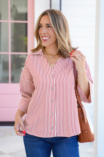 Stripe 3/4 Sleeve Button Down Woven Top