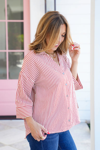 Stripe 3/4 Sleeve Button Down Woven Top