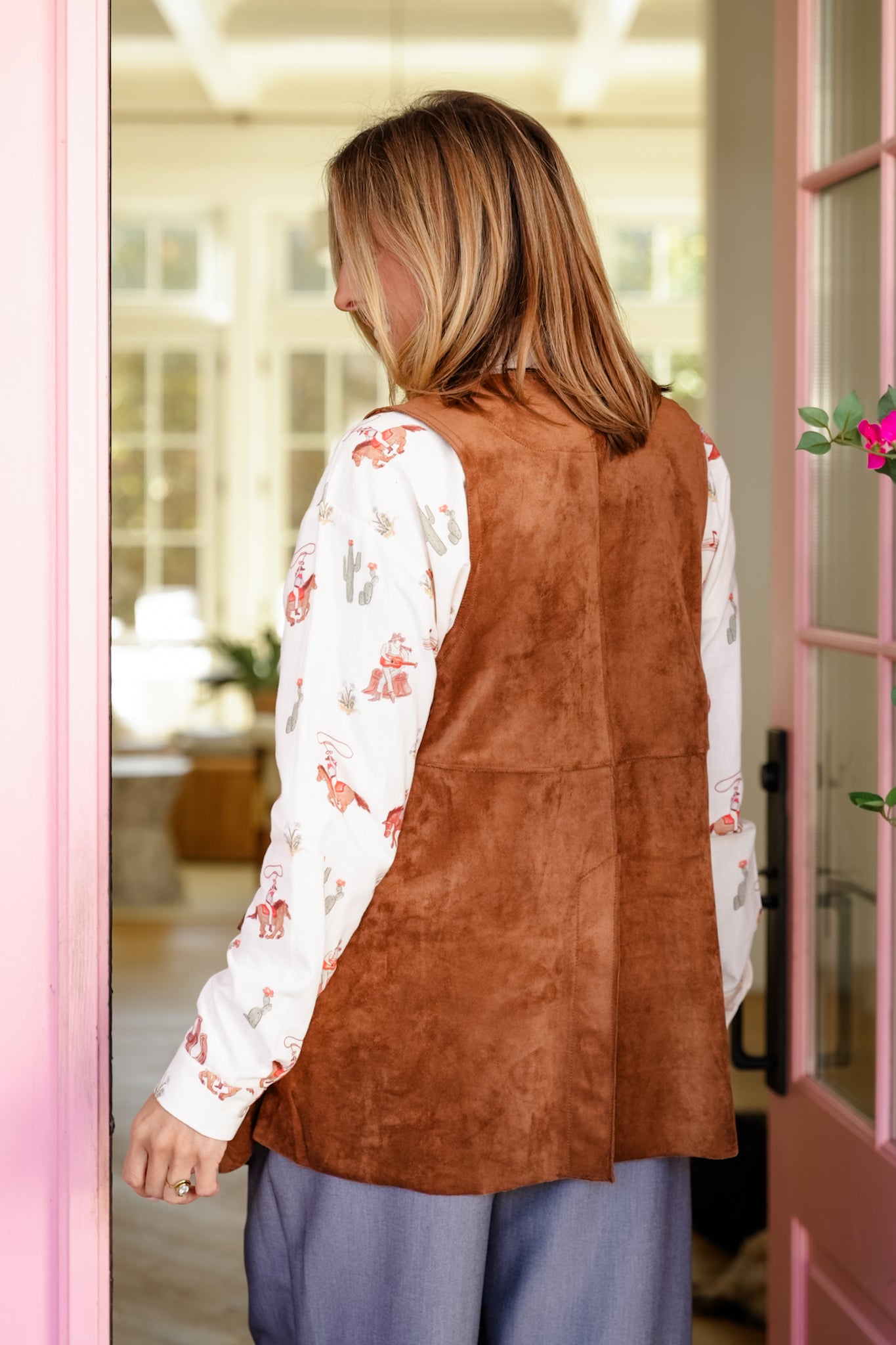 Vegan Suede Western-Style Vest with Stitching Accent