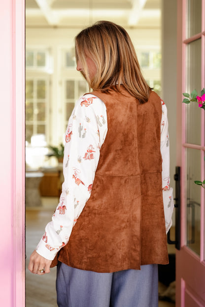 Vegan Suede Western-Style Vest with Stitching Accent