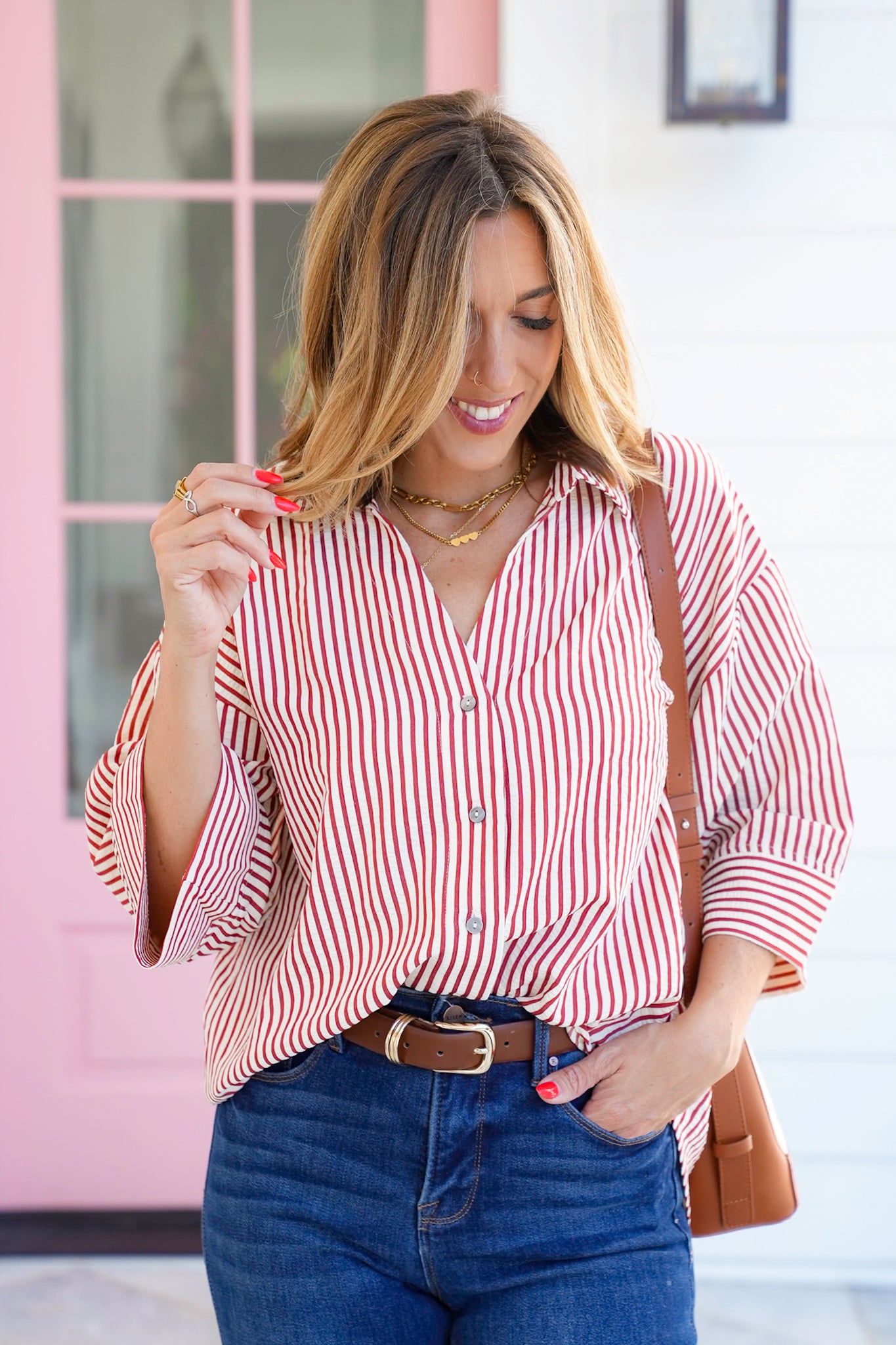 Stripe 3/4 Sleeve Button Down Woven Top