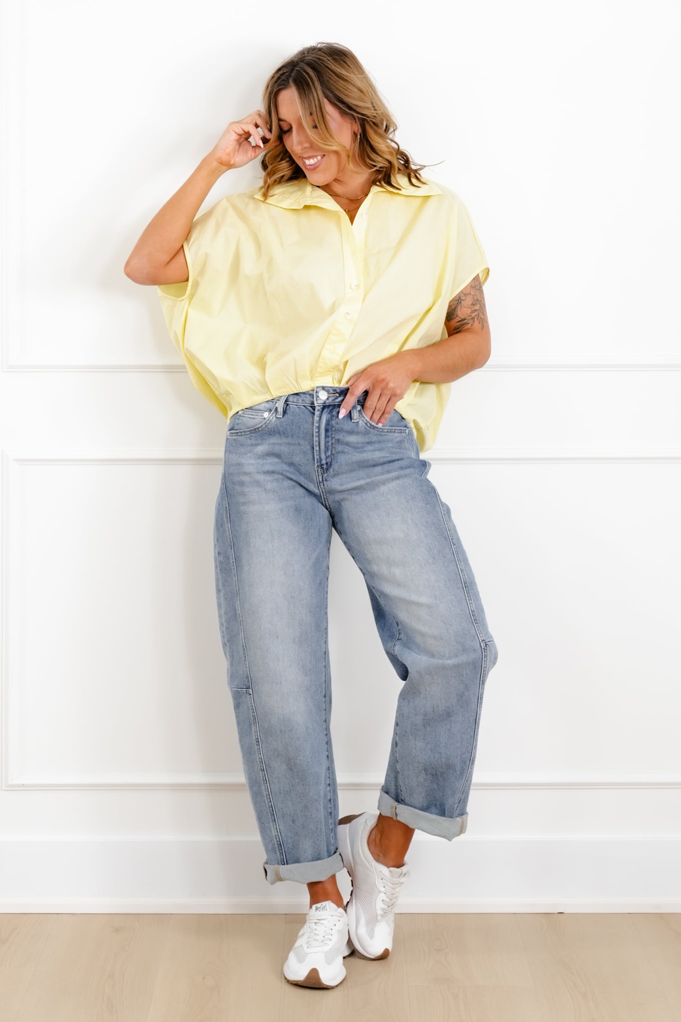 Short Sleeve Bubble Hem Button Down Blouse
