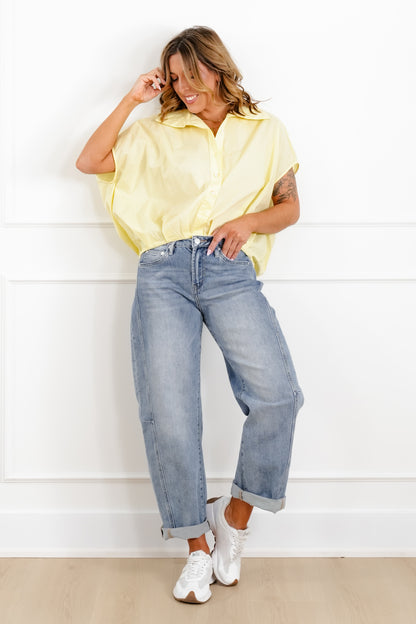 Short Sleeve Bubble Hem Button Down Blouse