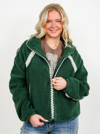 Plus/Reg Sherpa Long Sleeve Zip Up Jacket with Crochet Trim