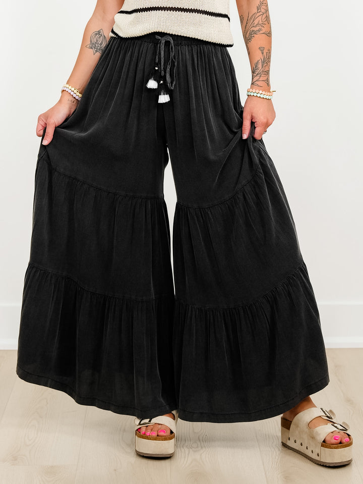 Plus/Reg Washed Boho Elastic Waist Palazzo Pants with Tassle Drawstring - Freckled Poppy