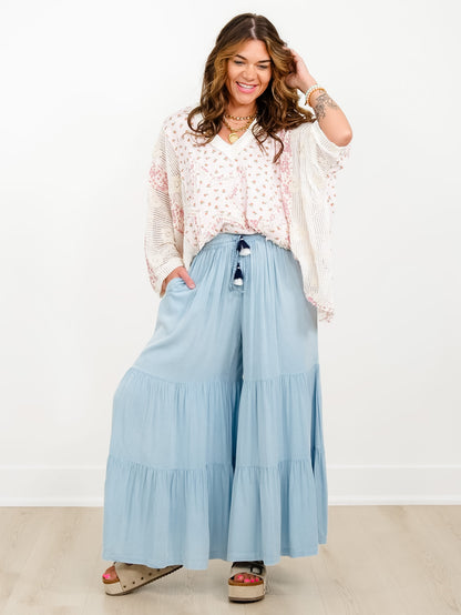 Plus/Reg Washed Boho Elastic Waist Palazzo Pants With Tassle Drawstring