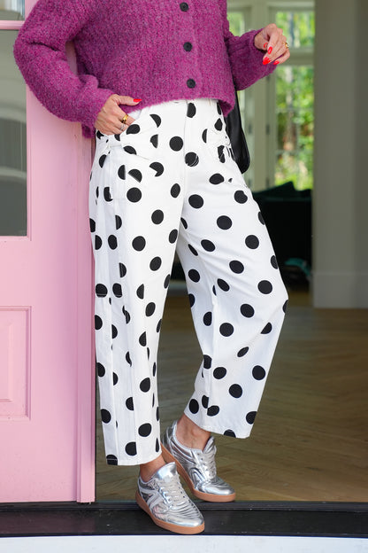 Plus/Reg Polka Dot Denim Barrel Jeans