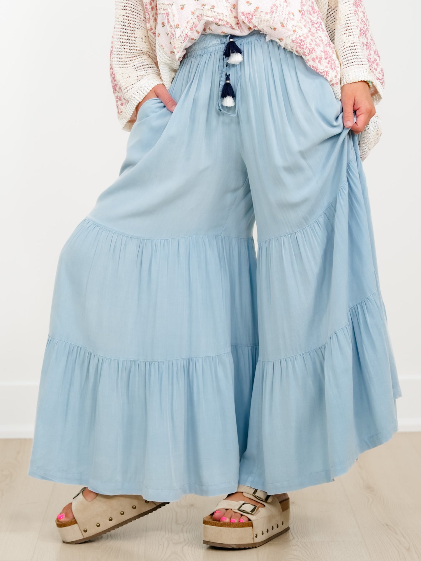 Plus/Reg Washed Boho Elastic Waist Palazzo Pants With Tassle Drawstring