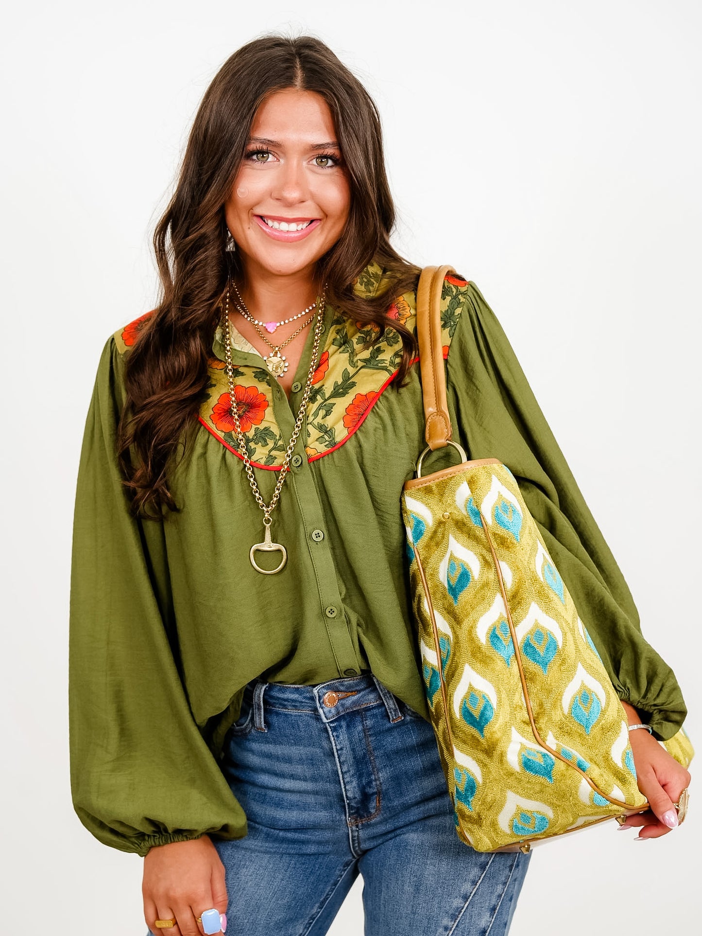 Long Balloon Sleeve Button Down Top with Floral Detail