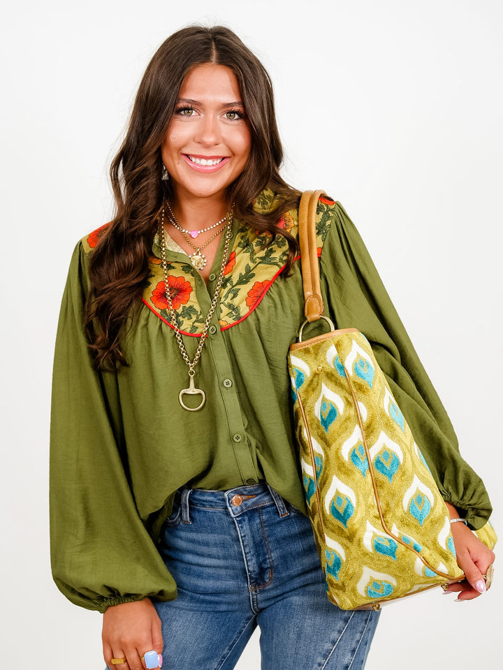 Long Balloon Sleeve Button Down Top with Floral Detail - Freckled Poppy