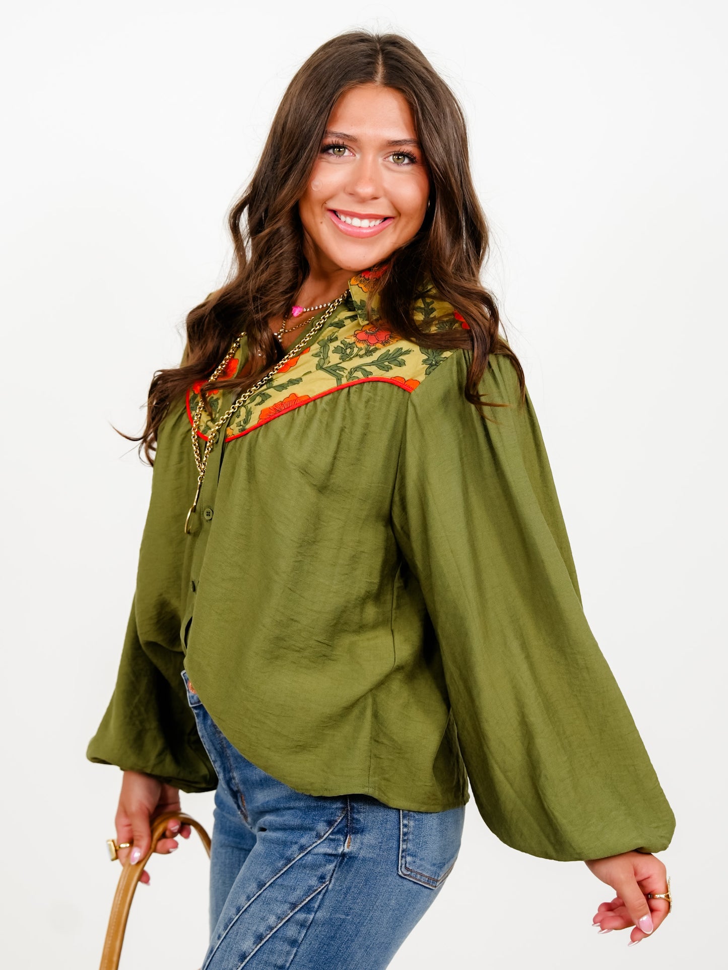Long Balloon Sleeve Button Down Top with Floral Detail
