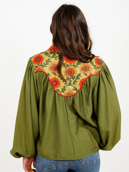 Long Balloon Sleeve Button Down Top with Floral Detail