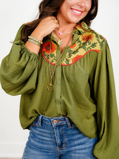 Long Balloon Sleeve Button Down Top with Floral Detail