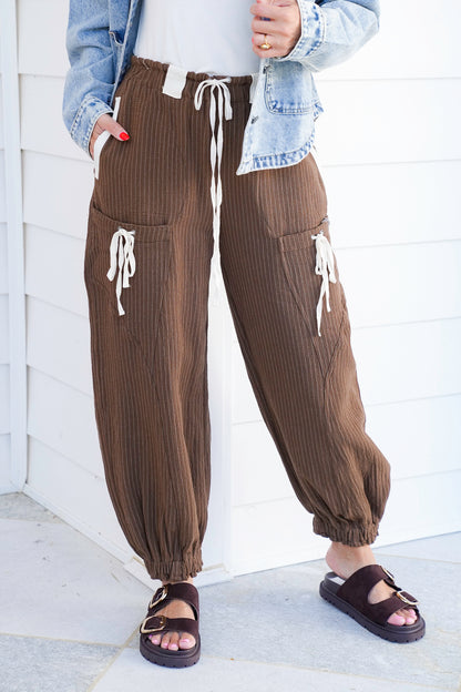 Linen Blend Stripe Elastic Waist Joggers