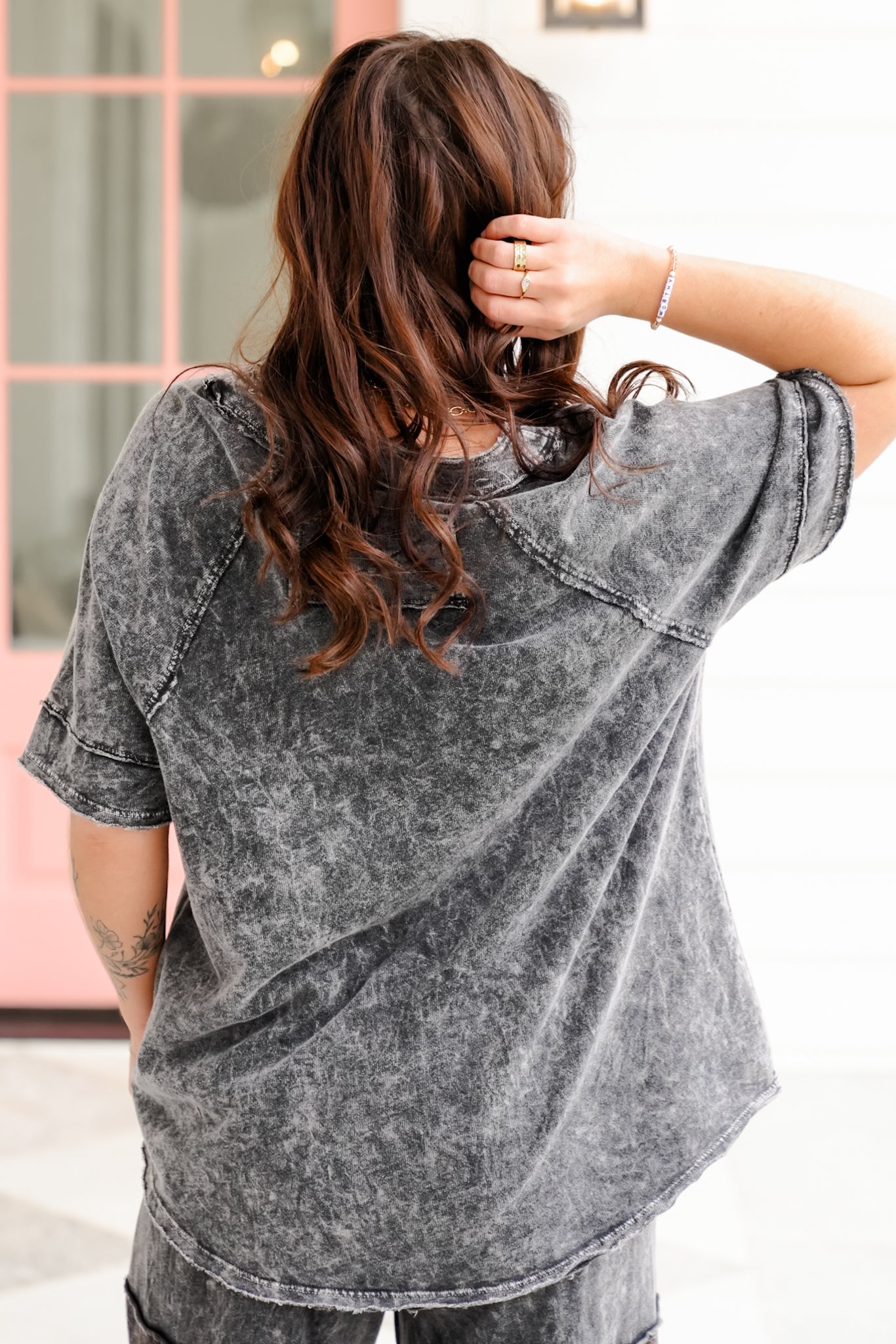 Mineral Wash Short Sleeve V Neck Top