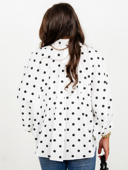 White Polka Dot Dolman Sleeve Button Down Top