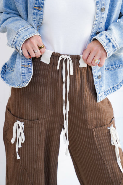 Linen Blend Stripe Elastic Waist Joggers