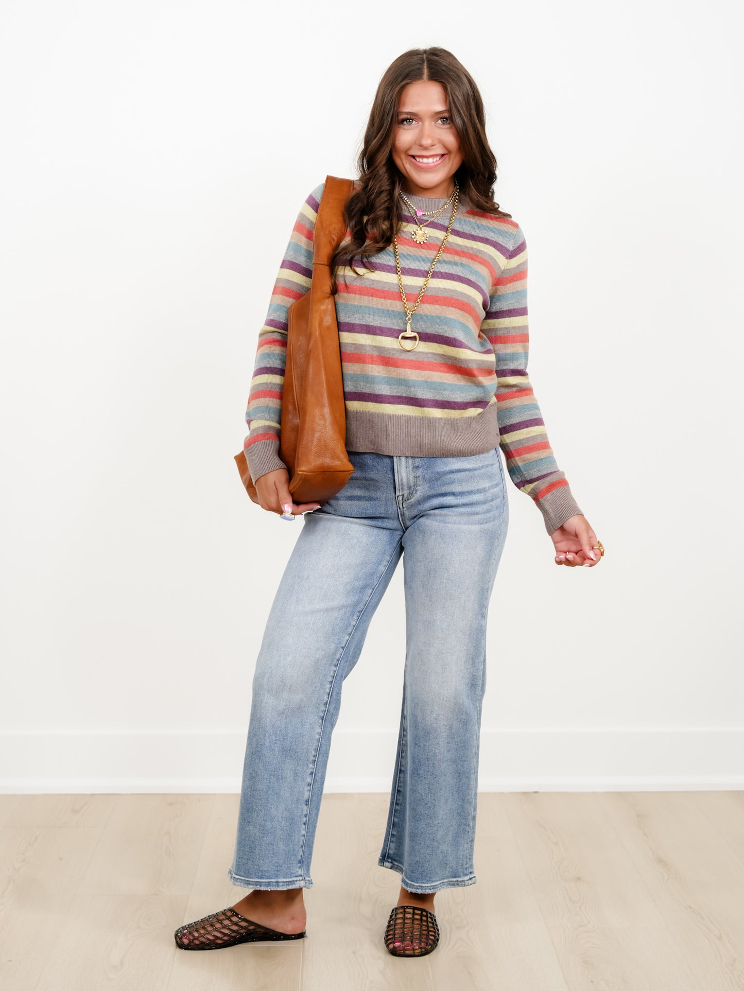 Plus/Reg Multi Color Stripe Crew Neck Long Sleeve Sweater