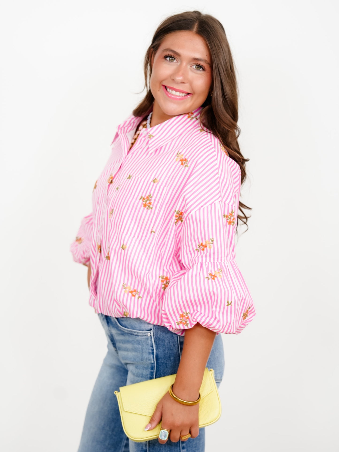 Striped Floral Embroidered Button Down Bubble Sleeve Top