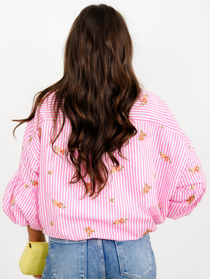 Striped Floral Embroidered Button Down Bubble Sleeve Top