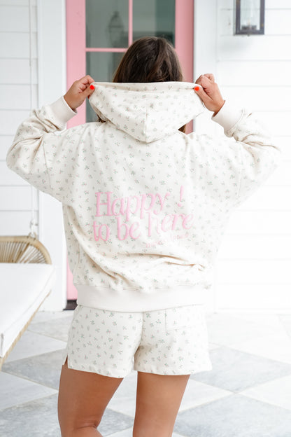 Floral Print "Happy To Be Here" Hoodie and Shorts Set