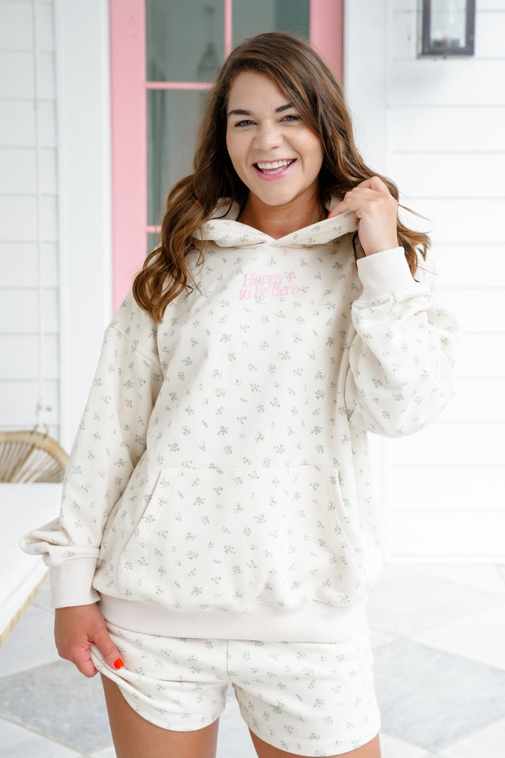 Floral Print "Happy To Be Here" Hoodie and Shorts Set