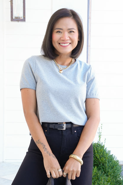 Heather Grey Short Sleeve Top with Scallop Edge