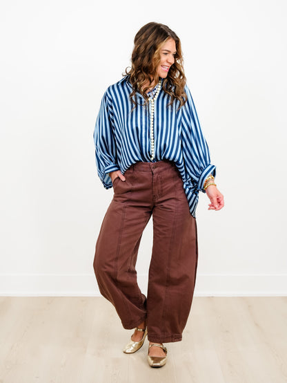 Stripe Long Dolman Sleeve Button Down Hi-Lo Top