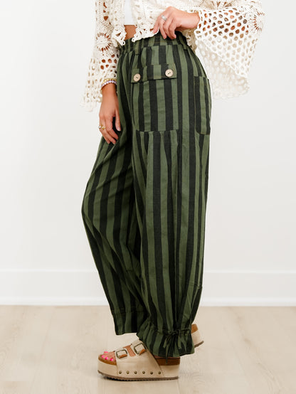 Plus/Reg Striped Elastic Waist Wide Leg Pants With Tiered Panels